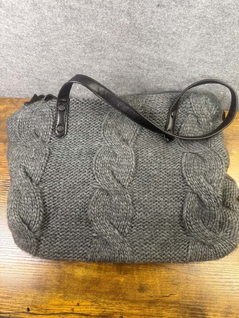 Terranova Gray Cable Knit Shoulder Bag with Black Leather Straps